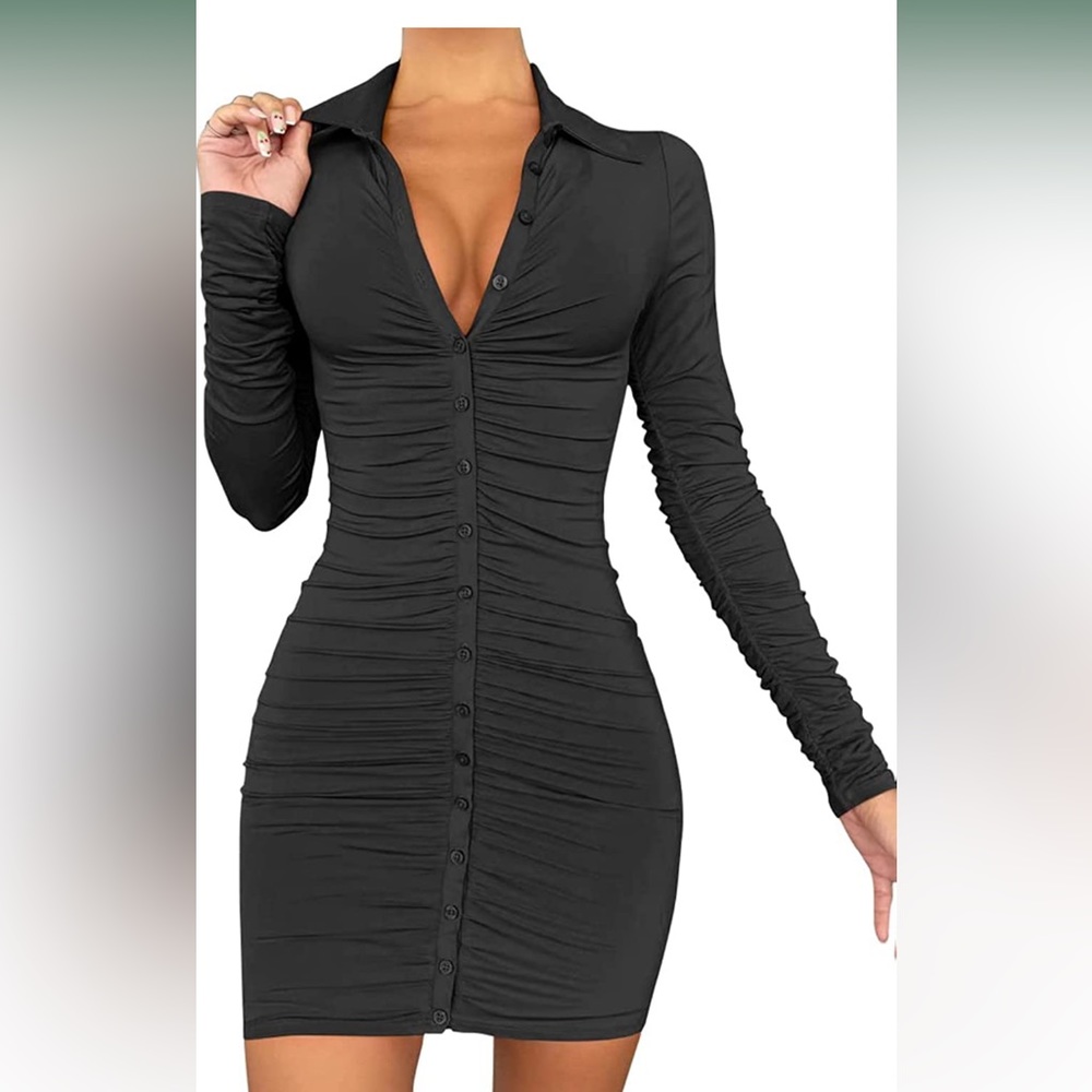 Black ruched button up dress